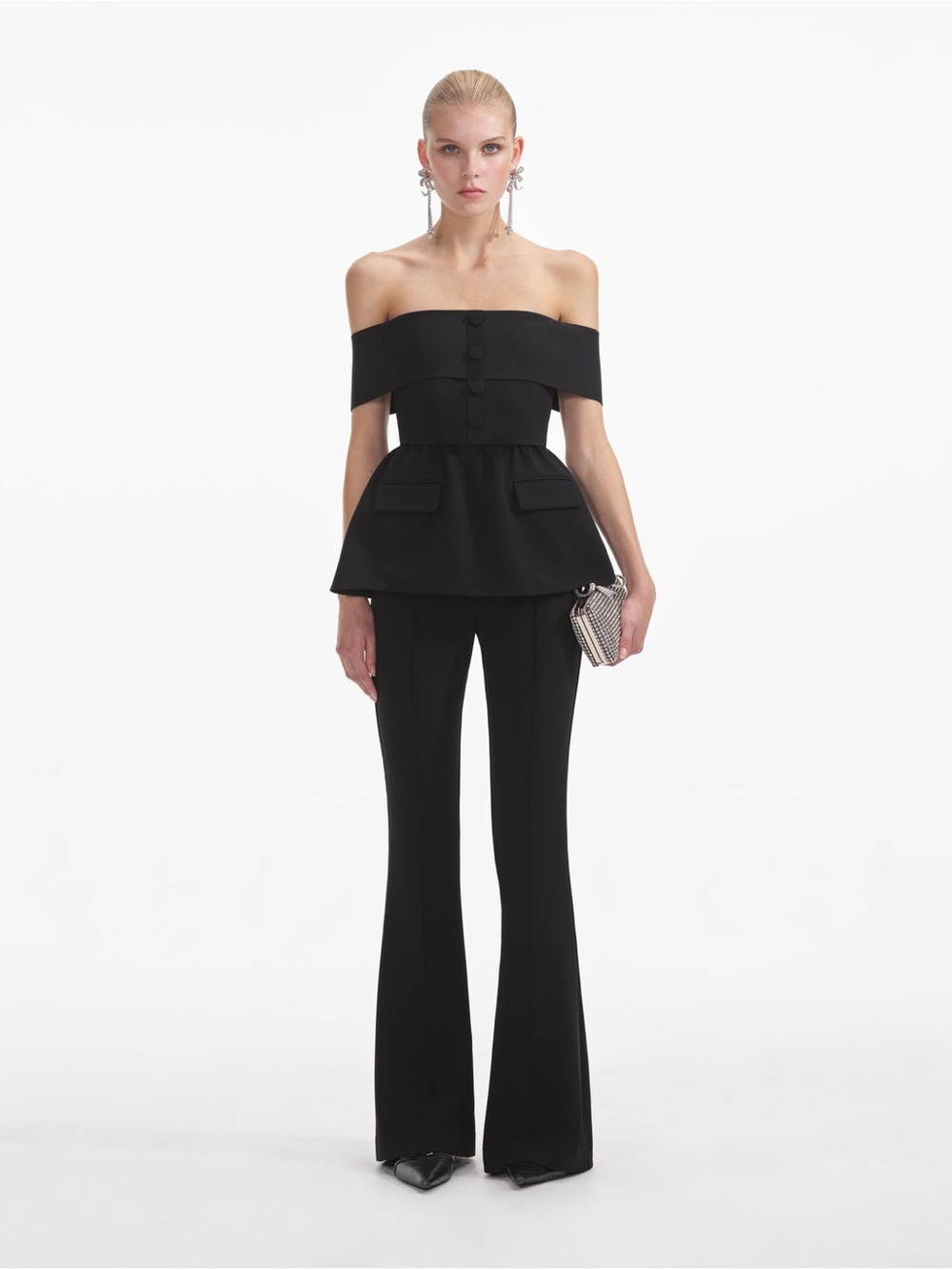 Self-Portrait Black Crepe Off Shoulder Peplum Jumpsuit Faux Button Flare Sz 10